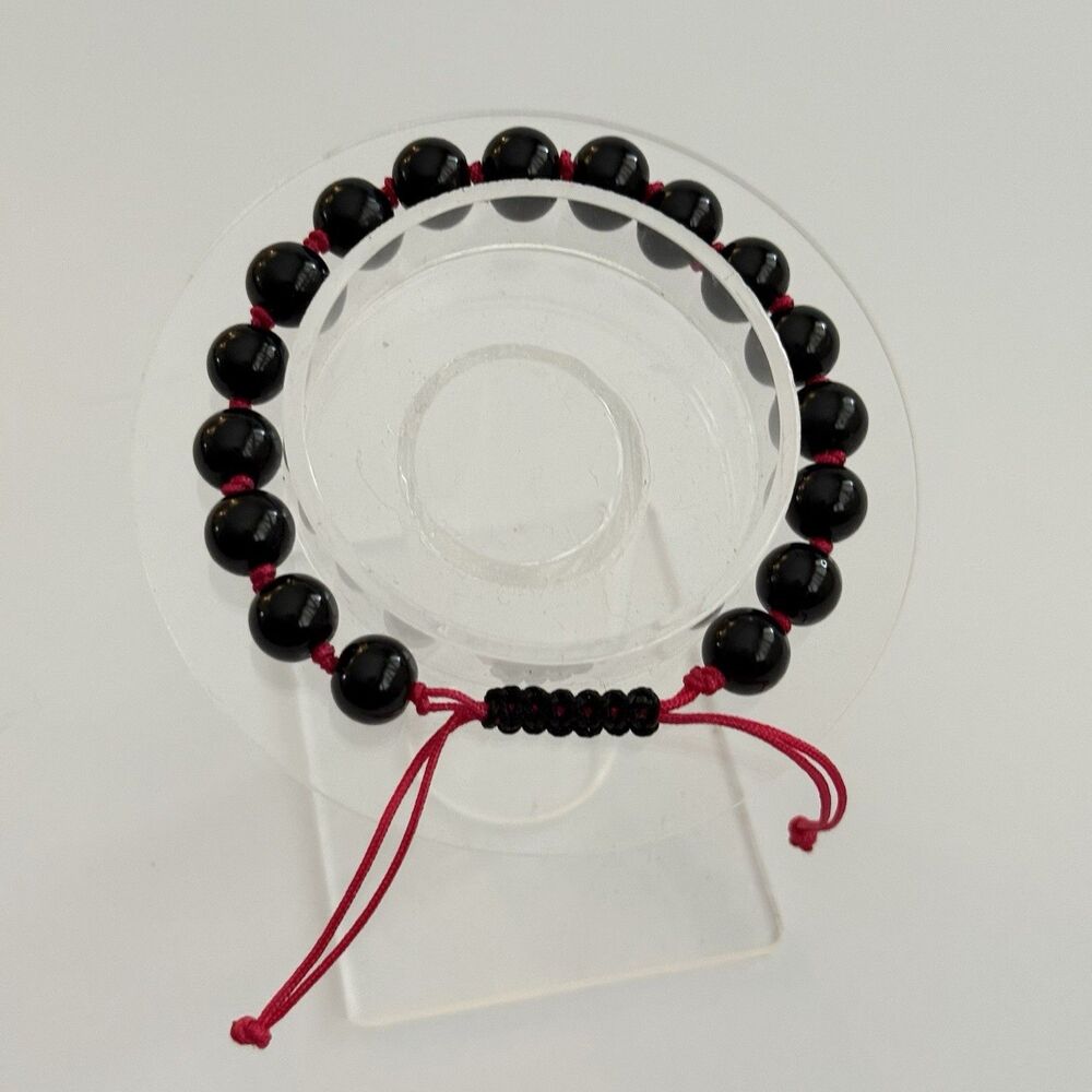 Black Beaded Bracelet Pink Adjustable Handmade Boho - Picture 8 of 9